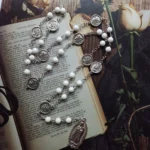 White Beads Chain Saint Michael Medal Hail Mary Rosary Necklace Our Lady of Guadalupe Virgin Mary Pendant Prayer Chaplet Jewelry